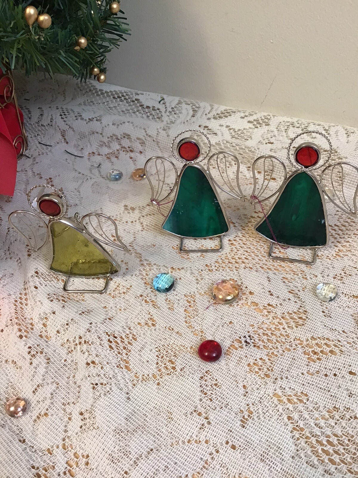 3 Stained Glass Angels - Green & Yellow Sun catchers / Ornaments - Free Standing