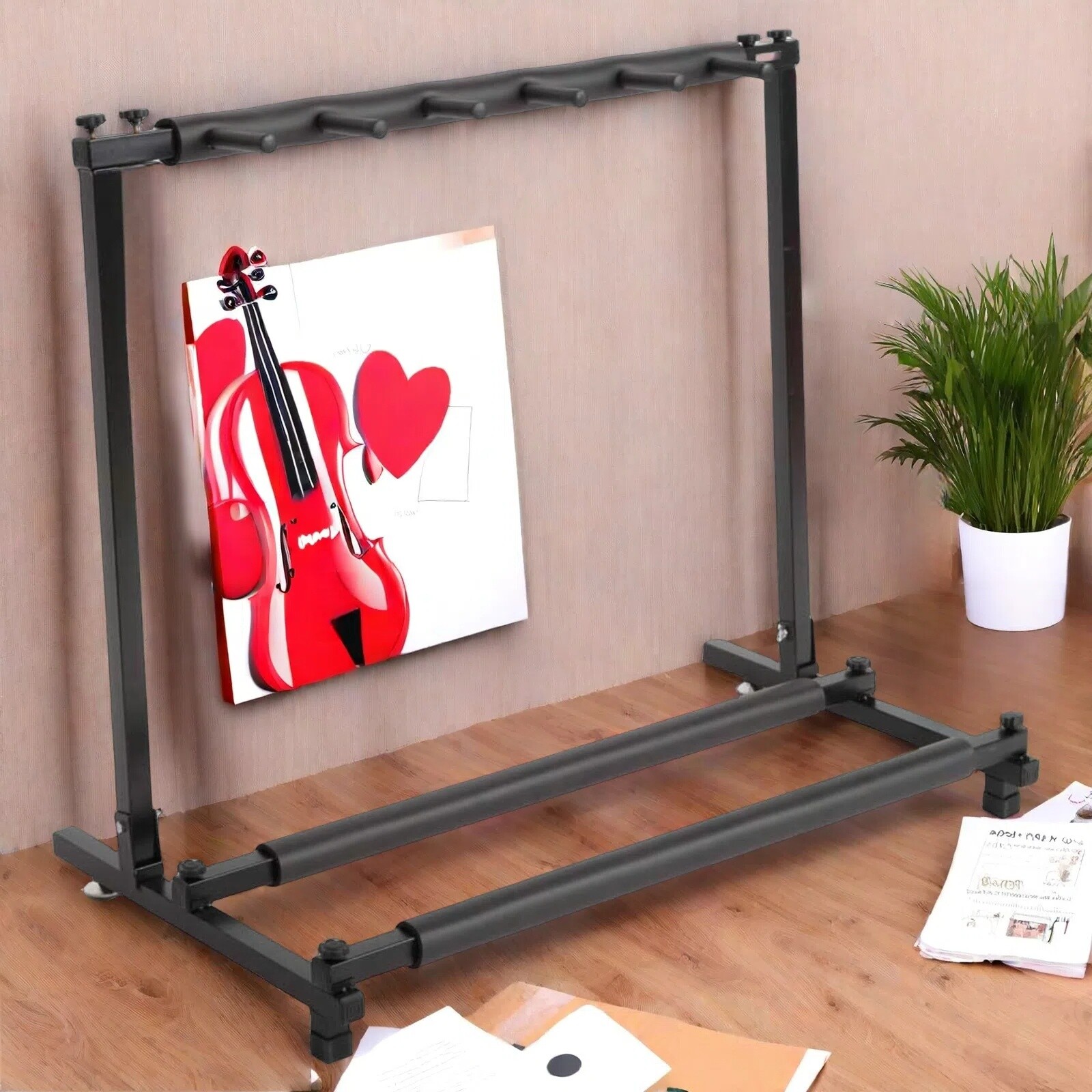5-Guitar Folding Guitar Stand Rack - Black, Floor-Standing & Square Iron Tube
