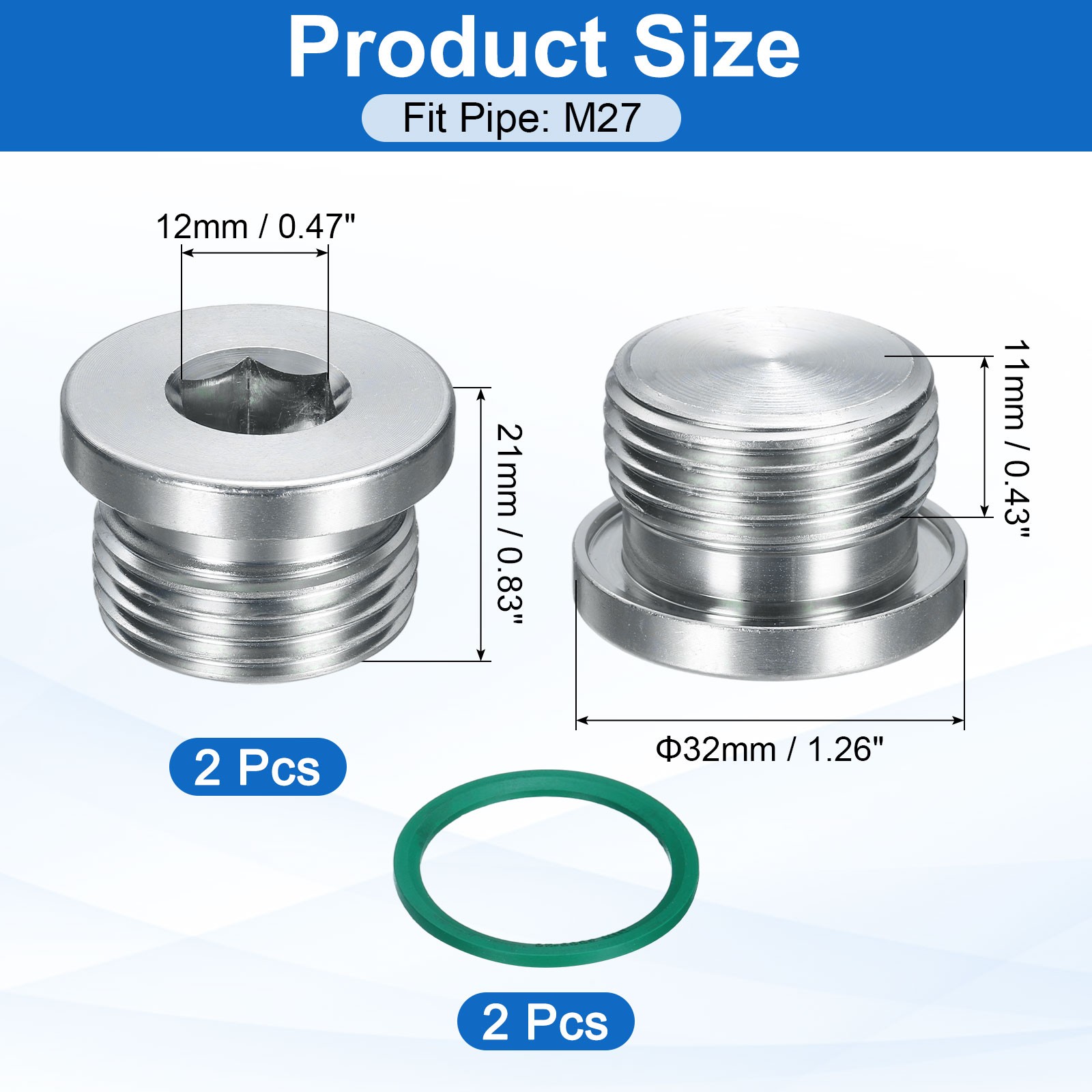 2Pcs M27x2 Carbon Steel Inner Hex Head Pipe Fitting Plug with O-Ring