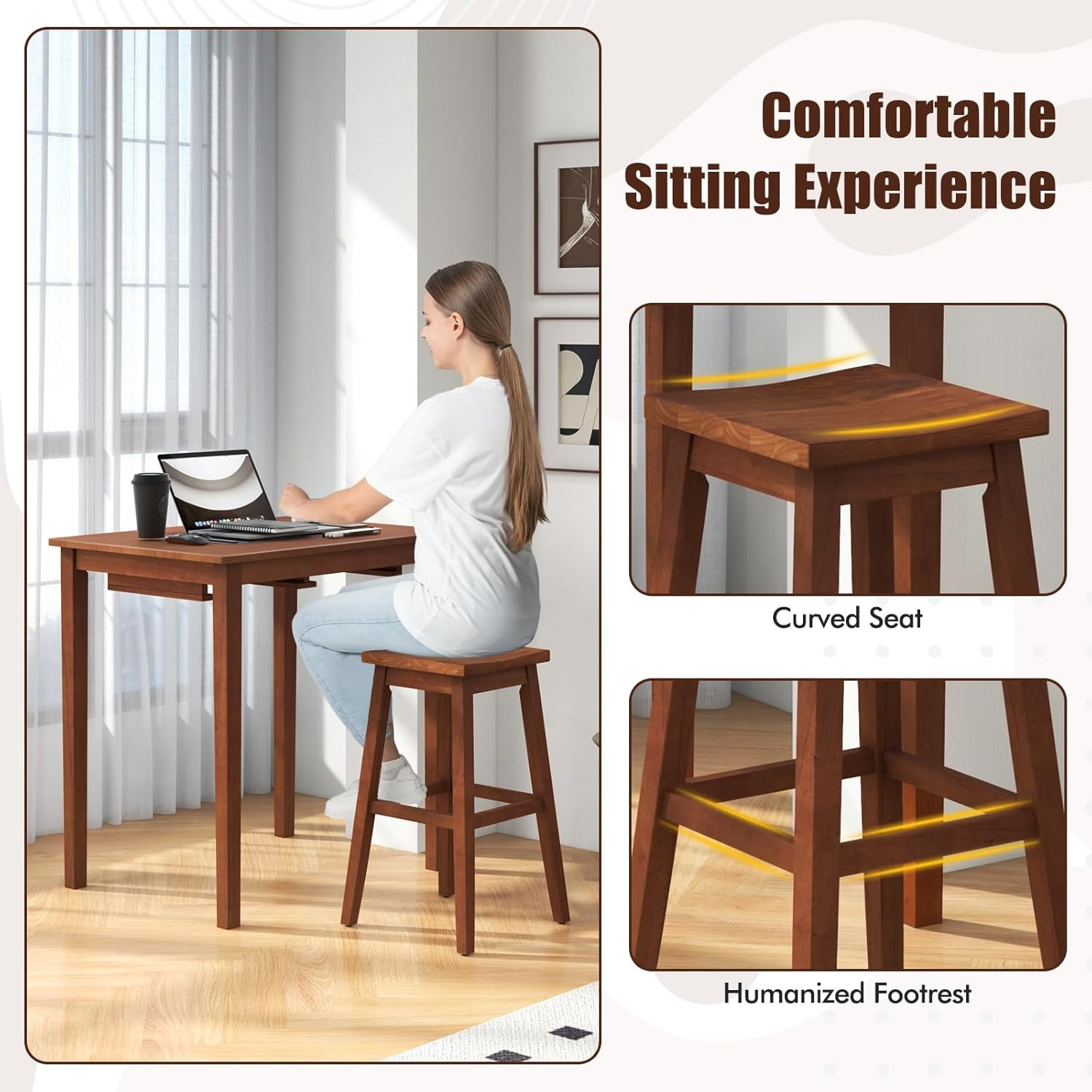 Stylish 3-Piece Wooden Bar Table Set with Saddle Stools for Small Spaces