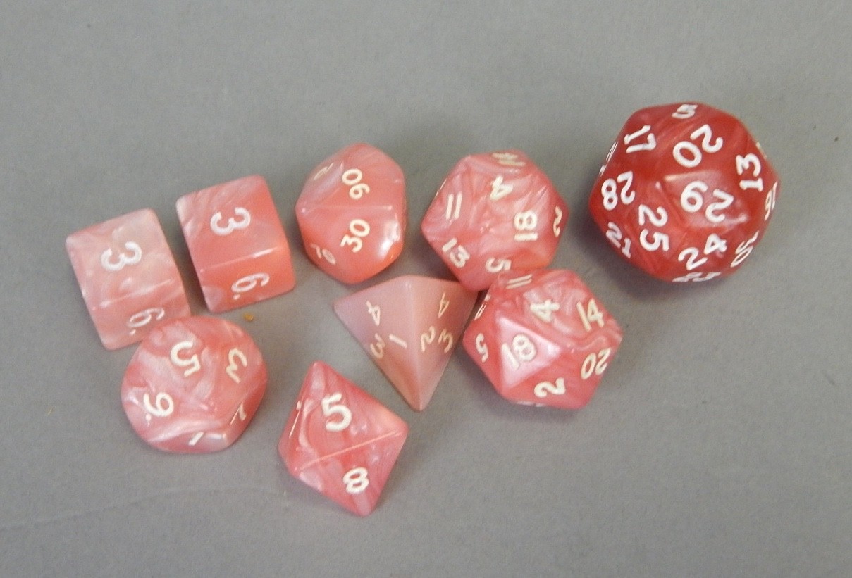 9pc King Cards rainbow marbled silk pink poly D&D dice set w D30 OOP