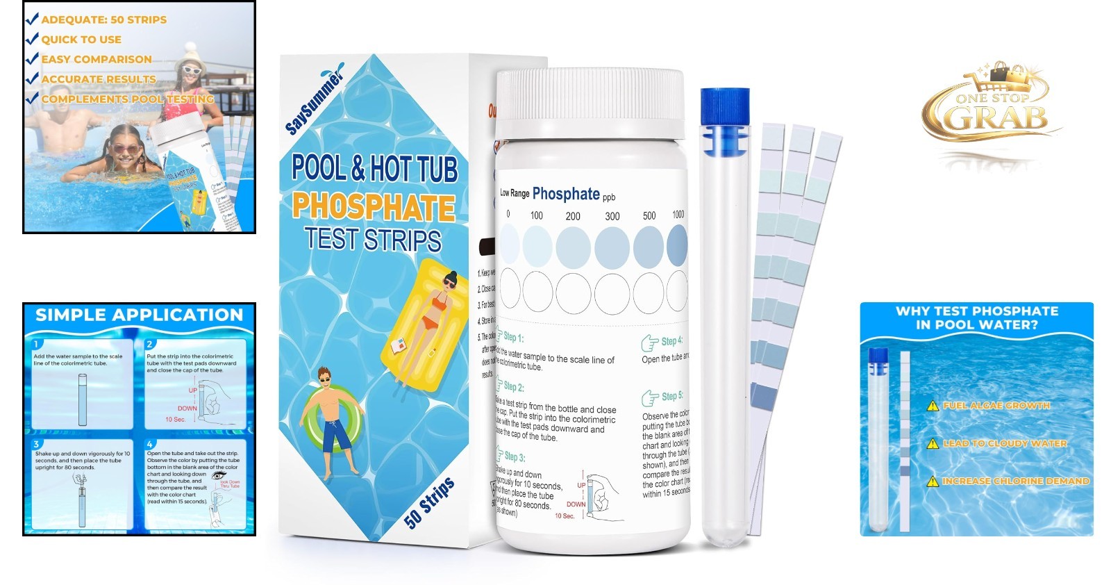 Pool & Hot Tub Phosphate Kit 50 Strips Water Quality Testing