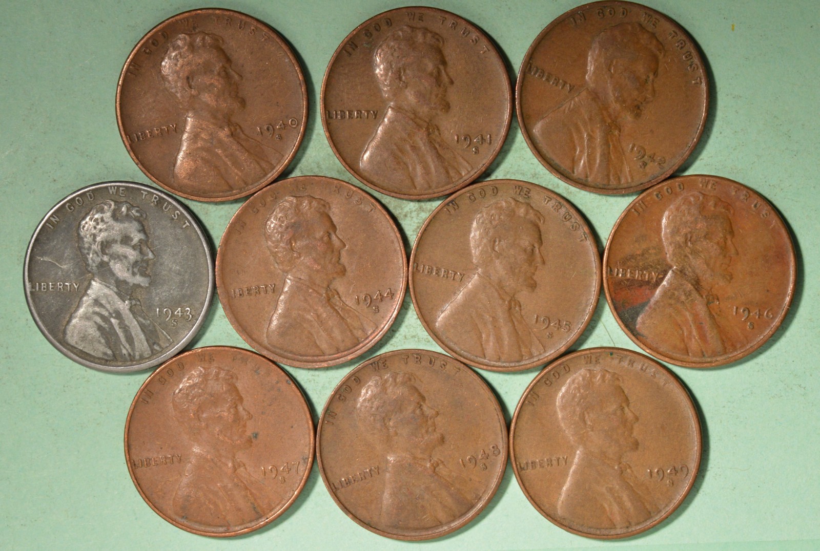 1940-S - 1949-S -  Excellent Set of Wheat Pennies -  ALL "S" MINTS - 10 Coins