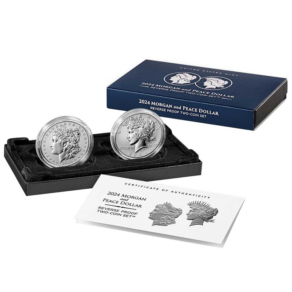 2024-S Reverse Proof $1 Morgan and Peace Silver Dollar 2pc Set Box ,OGP &