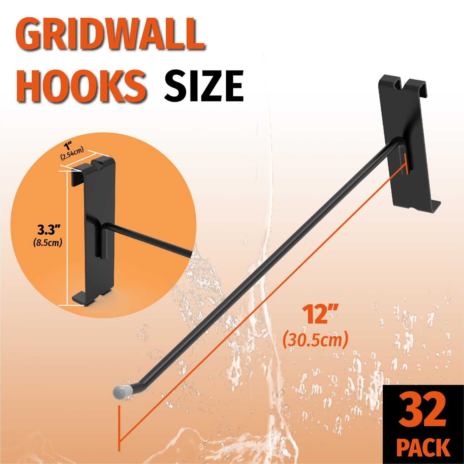 32 Pack 12 Inch Black Gridwall Hooks for 3 × 3 Wire Grid Panel