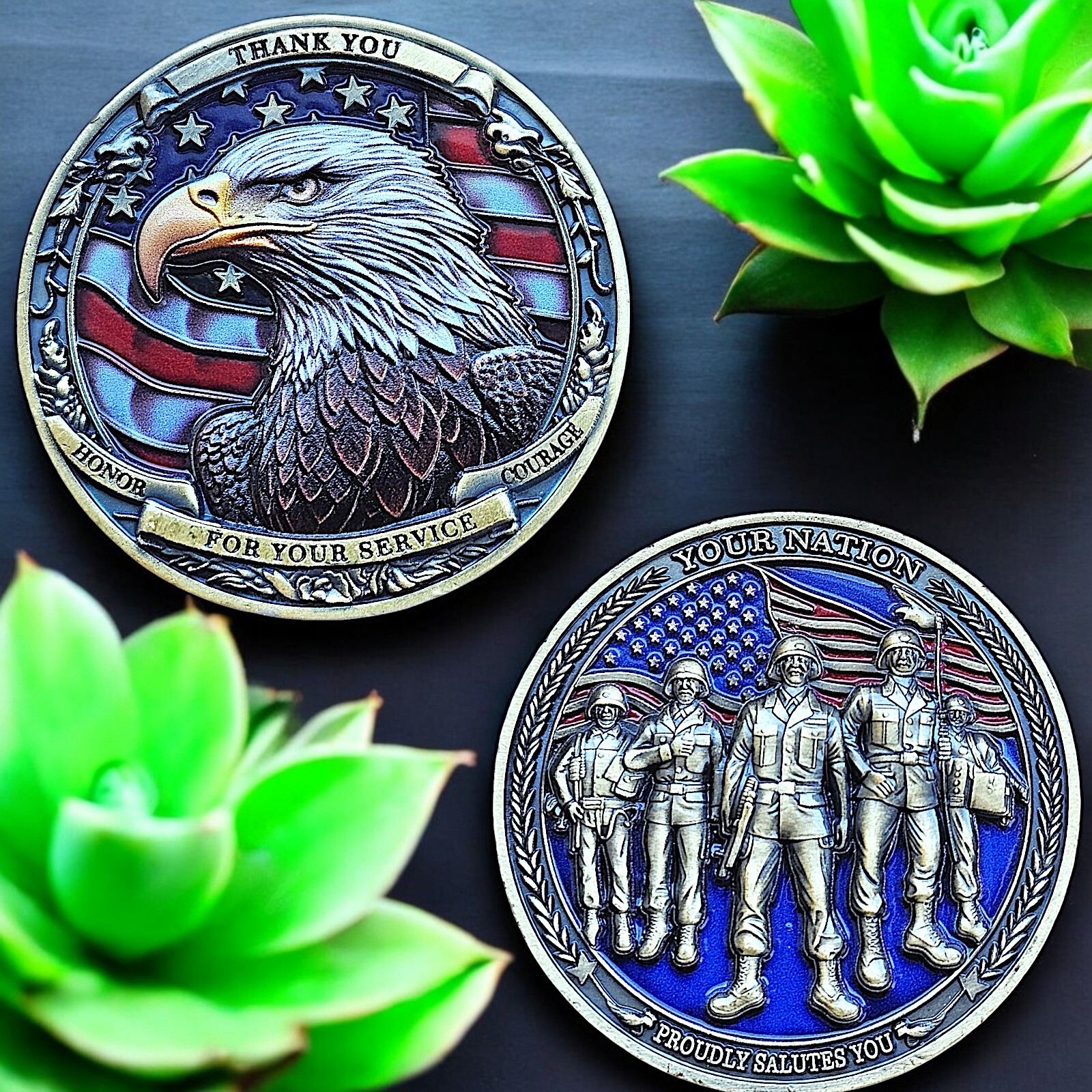 Veterans Thank You For Your Service High Relief Bronze Enameled Challenge Coin