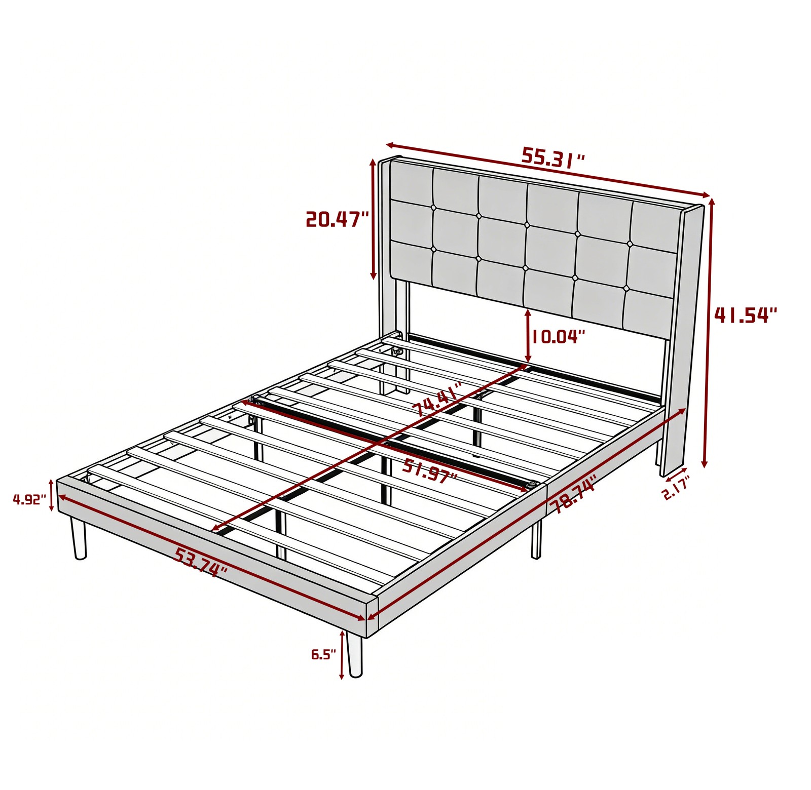 Full Size Platform Bed Frame with Upholstered Headboard, Light Gray