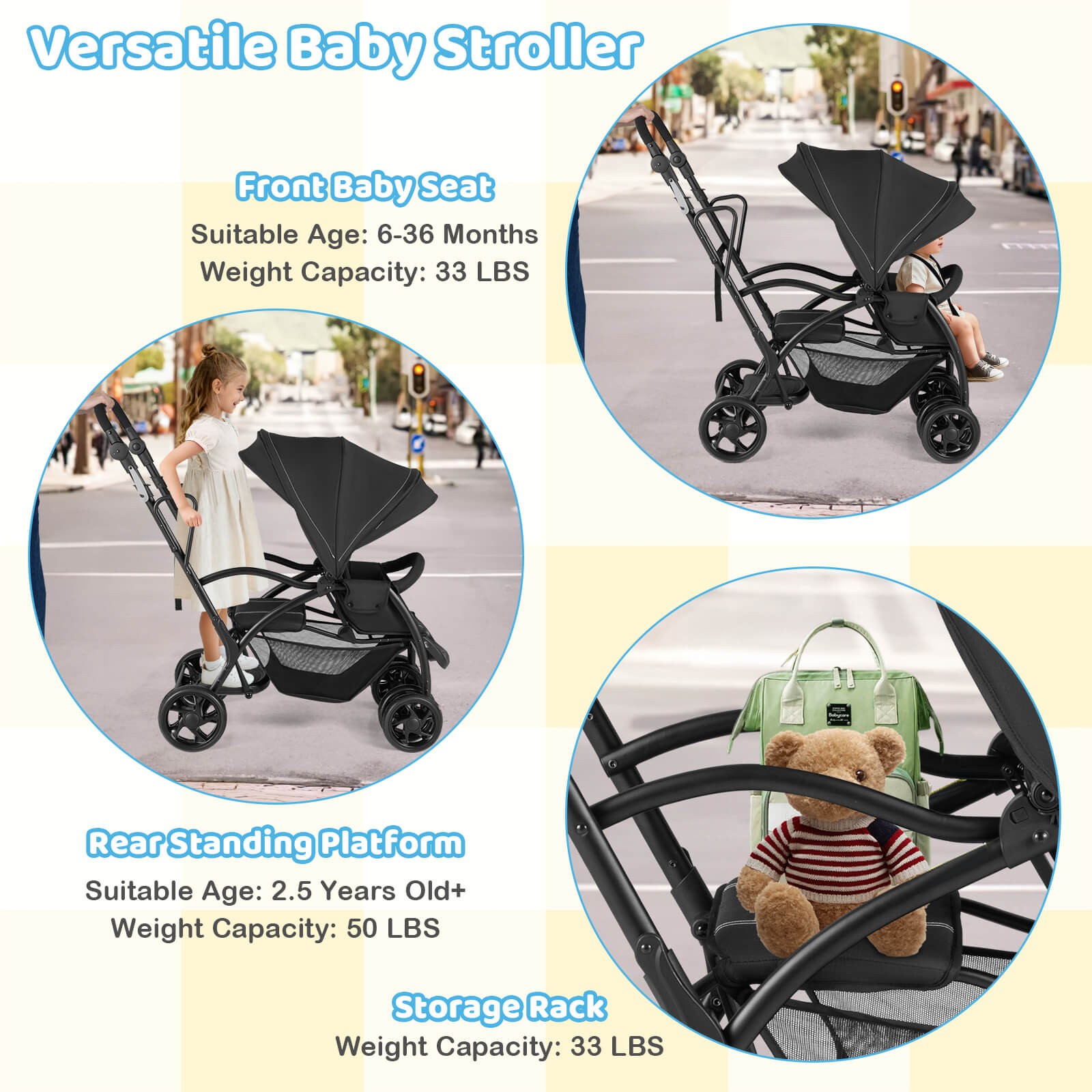 Sit & Stand Double Stroller w/Adjustable Handle Bar Backrests Footrest Canopies