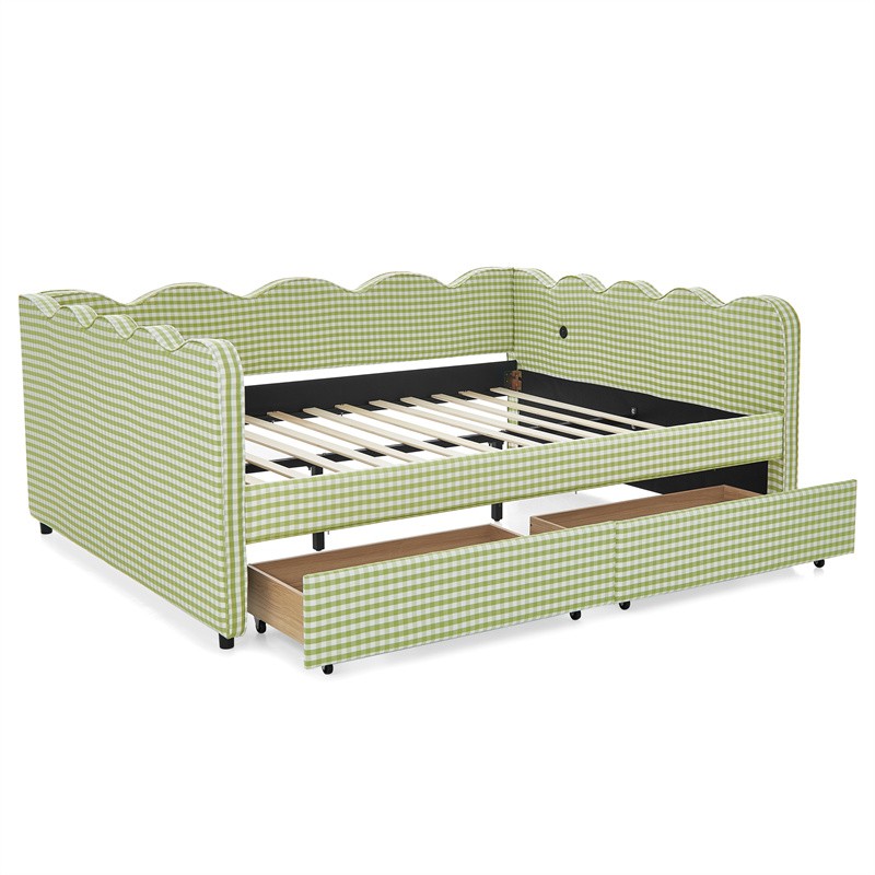 Queen Size Cozy Gingham Daybed with Two Storage Drawers and Adorable Wave Shaped
