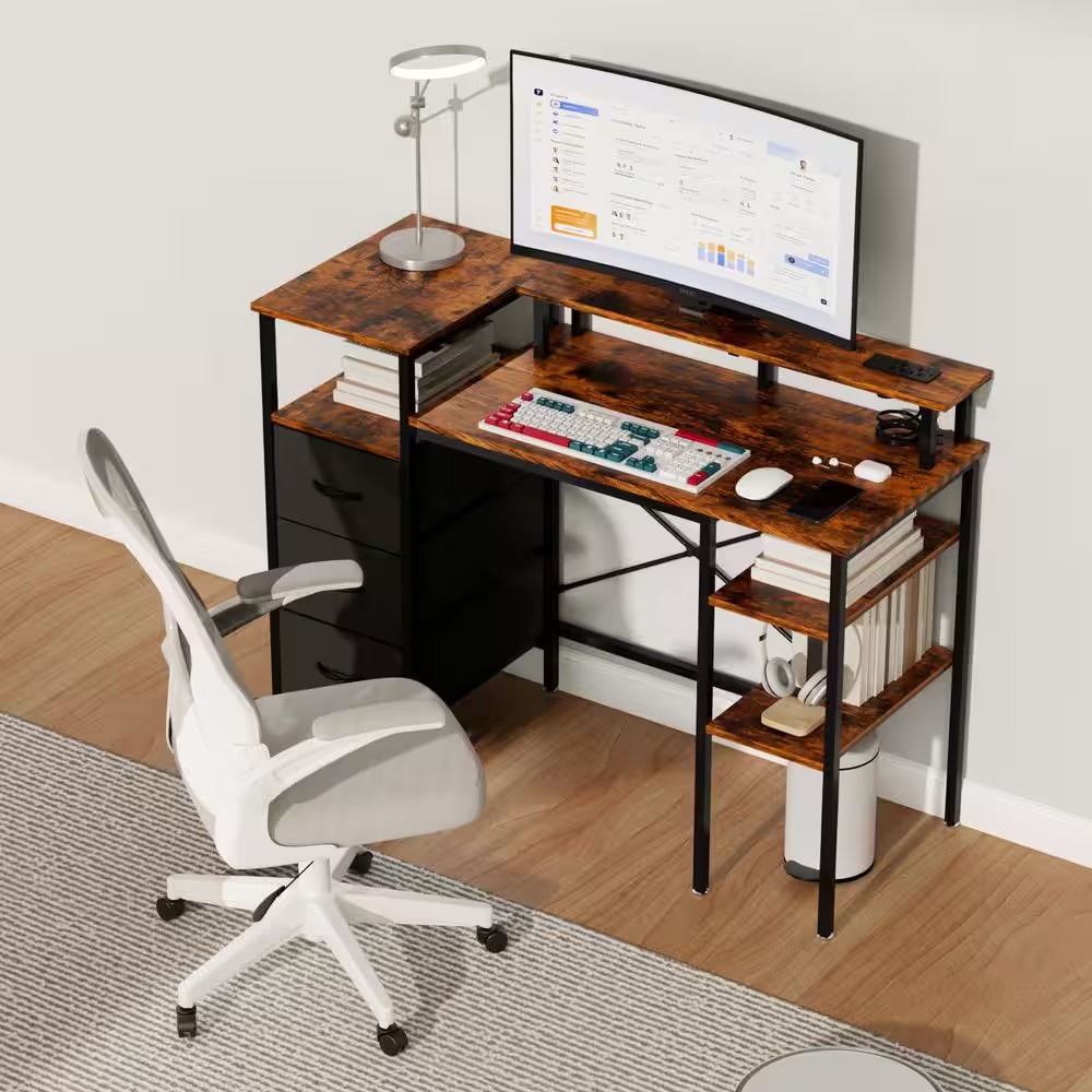 47.2 in Rectangle Computer Brown Wood 3-Drawer Computer Desk with Storage, Shelv