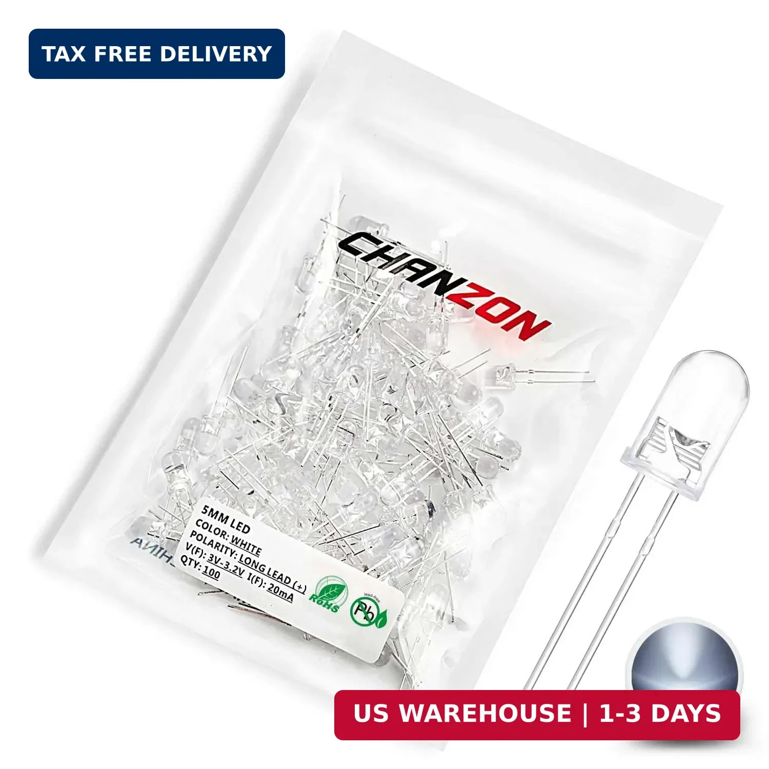 100 pcs 5mm White LED Diode Lights (Clear Round Transparent DC 3V 20mA) High Int