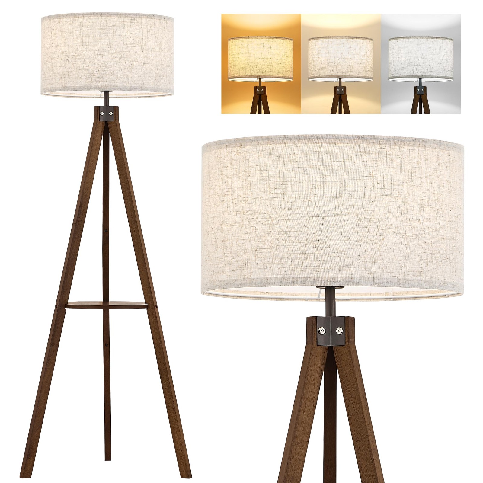 ELYONA Tripod Floor Lamp Mid Century Wood Shelf Dark Brown LED