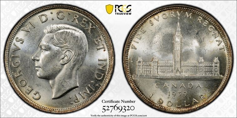 1939 Canada KING GEORGE VI SILVER DOLLER S$1 PCGS MS 62