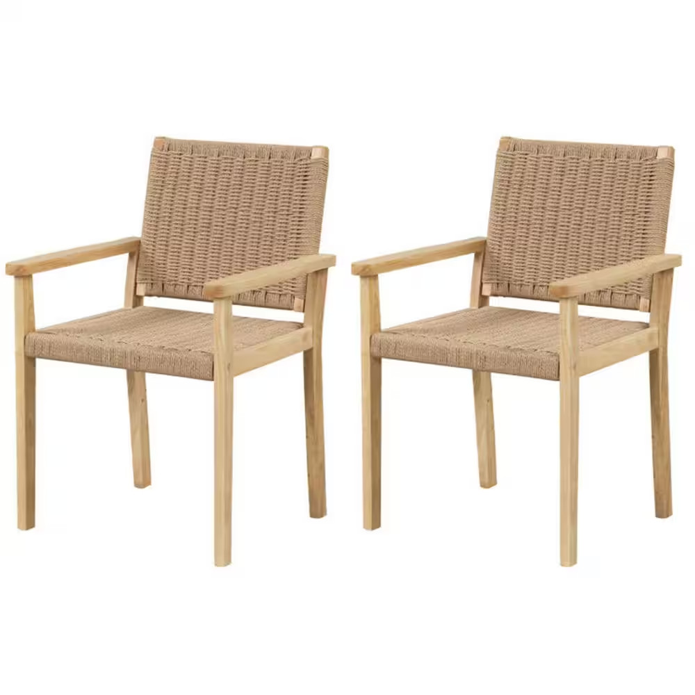 Set of 2 Natural Brown Wood Frame Patio Outdoor Dining Chairs with Comfortable B