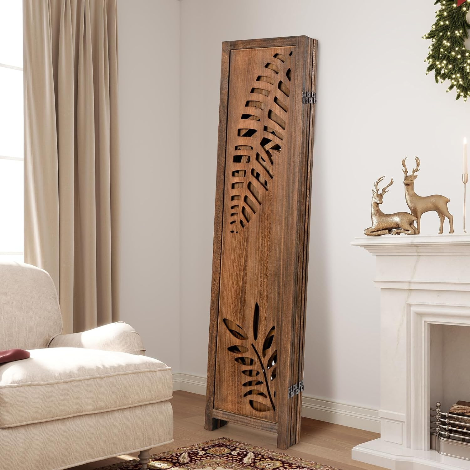 Boho Rustic Room Divider, 6 Panel Carved Leaf Folding Wood Screen, Fully Assembl