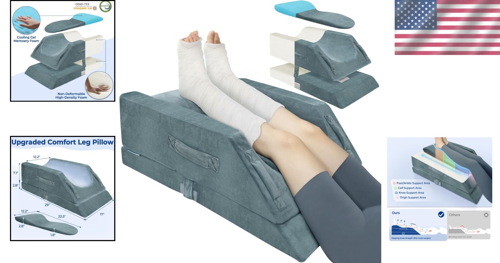 Adjustable Leg Elevation Pillow Grey Memory Foam Swelling Relief 4 Heights