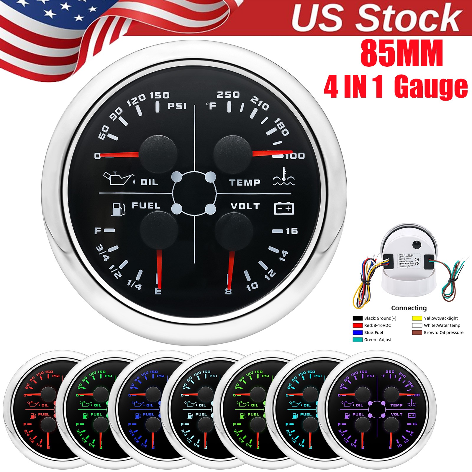 4 IN 1 Gauge 85mm Fuel Level Water Temp ℉ Oil Pressure PSI Voltmeter for Boat US