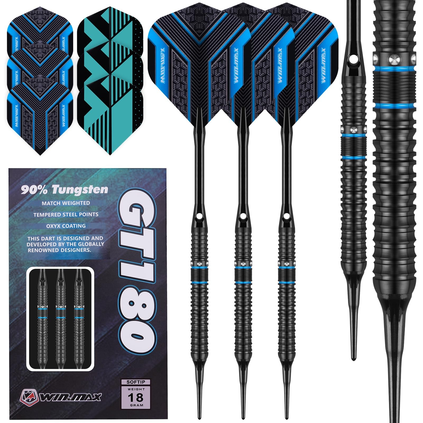 WIN.MAX Darts Soft Tip Set - 90% Tungsten 24G, Black