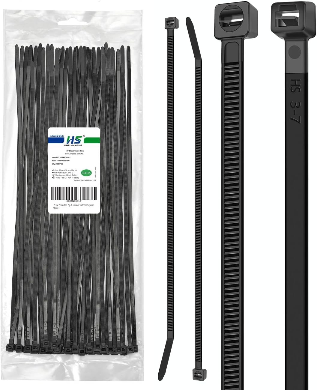 100 Pack 12" Black UV Protected Zip Ties – Self-Locking Nylon Cable Ties 50 lb