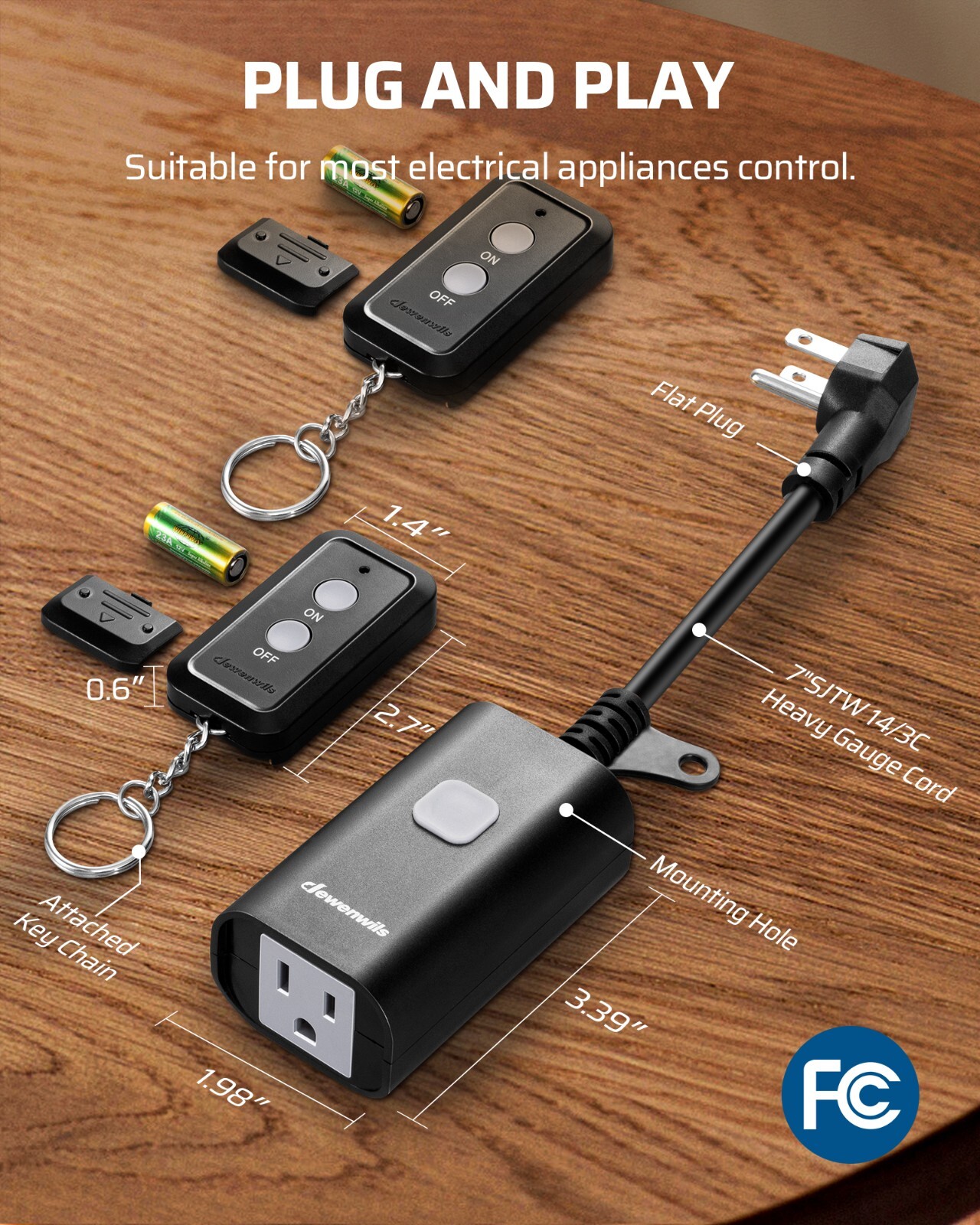 DEWENWILS Outdoor Remote Control Outlet, 2 Remote Controls+1 Outlet, FCC Listed