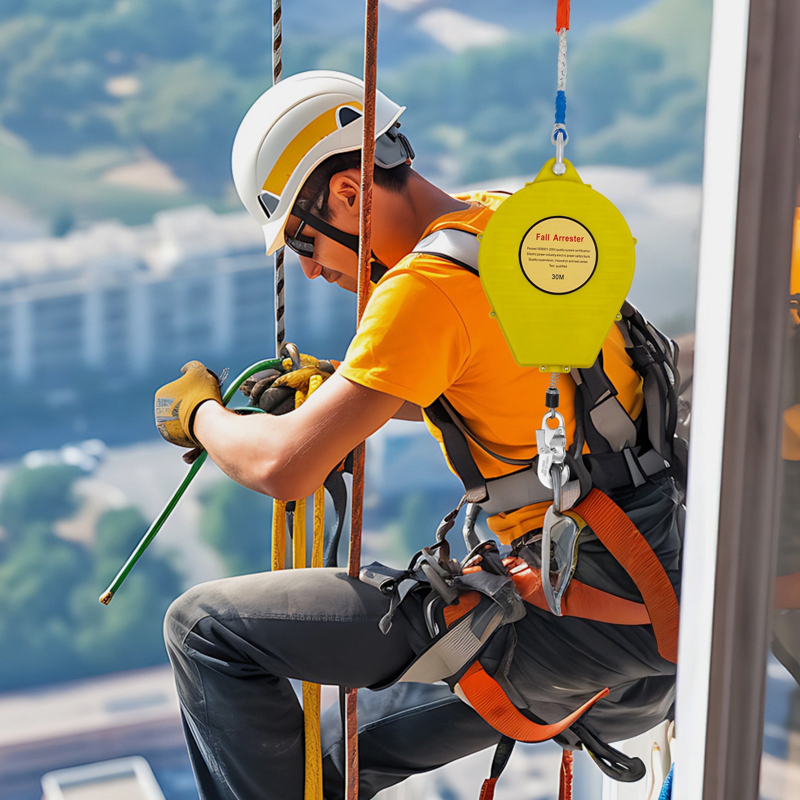 30M-Range Self-rRetractable Fall Arrester Fall Arrest Protector Yellow Max 150kg