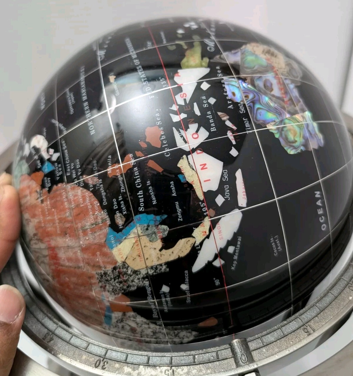 World Globe-Semi-Precious Inlaid Stone and Shells w Compass