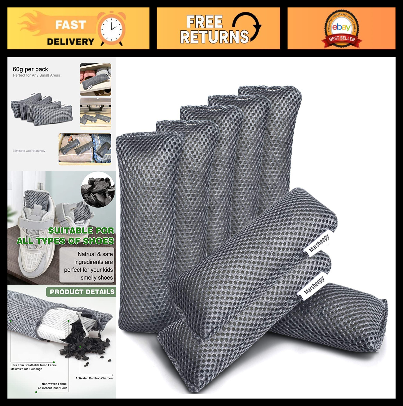12 Pack Activated Charcoal Shoe Deodorizer Bags - Odor Eliminator for Shoes, Gym