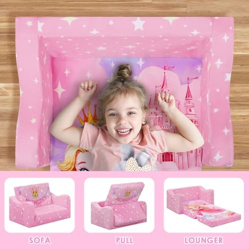 Comfy Kids Couch, 2-in-1 Folding Kids Sofa Bed for Toddler Princess Carriage