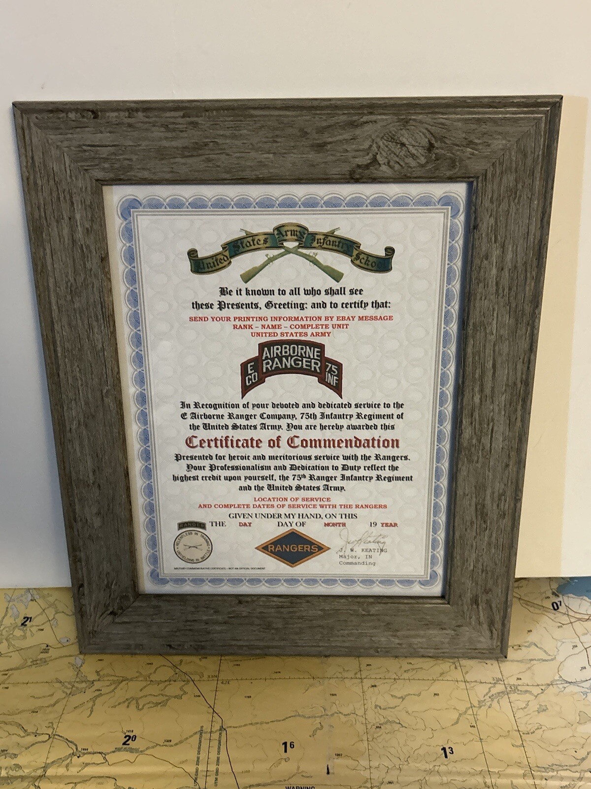 U.S. ARMY RANGER - E CO / 75 INFANTRY COMMENDATION CERTIFICATE (COMMEMORATIVE)