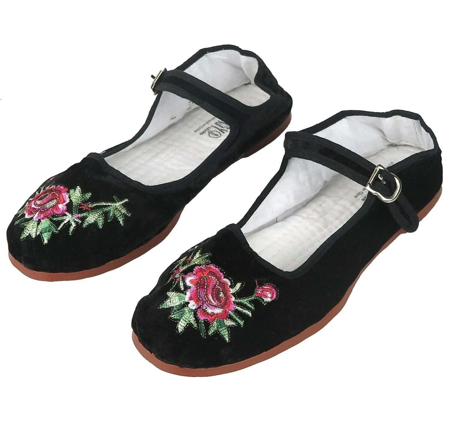 Women's Chinese Mary Jane Floral Velvet Shoes Slippers Black - Sizes 35-40 New