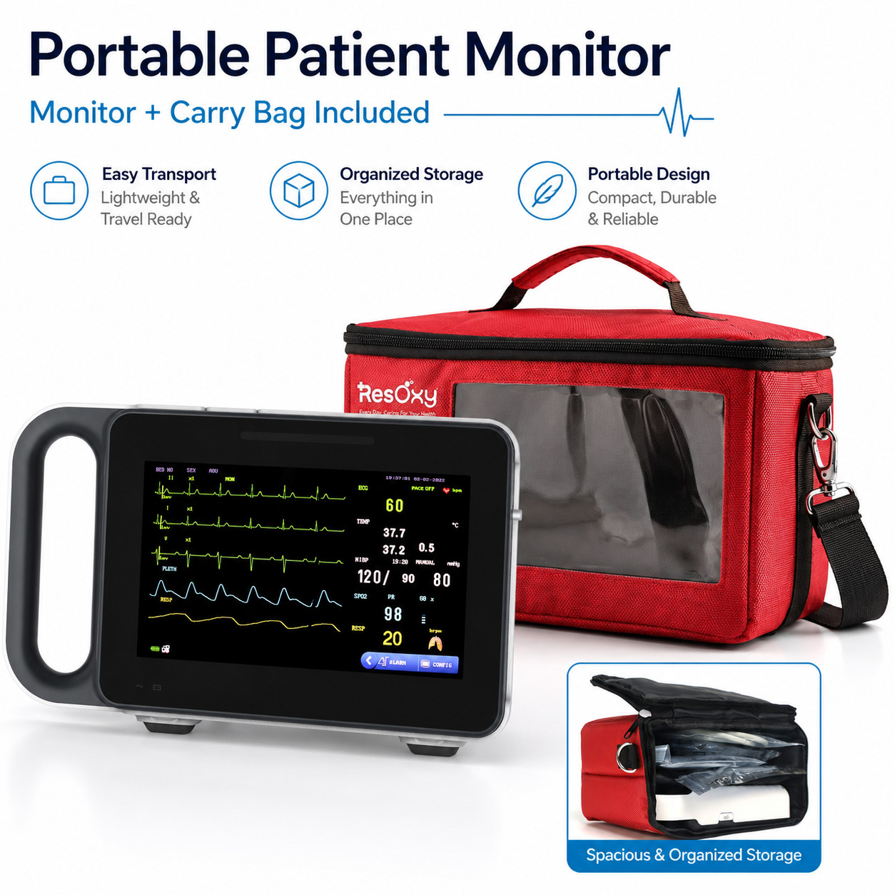 7"Patient Monitor Vital Signs ECG NIBP SpO2 PR TEMP RESP With Portable Carry Bag