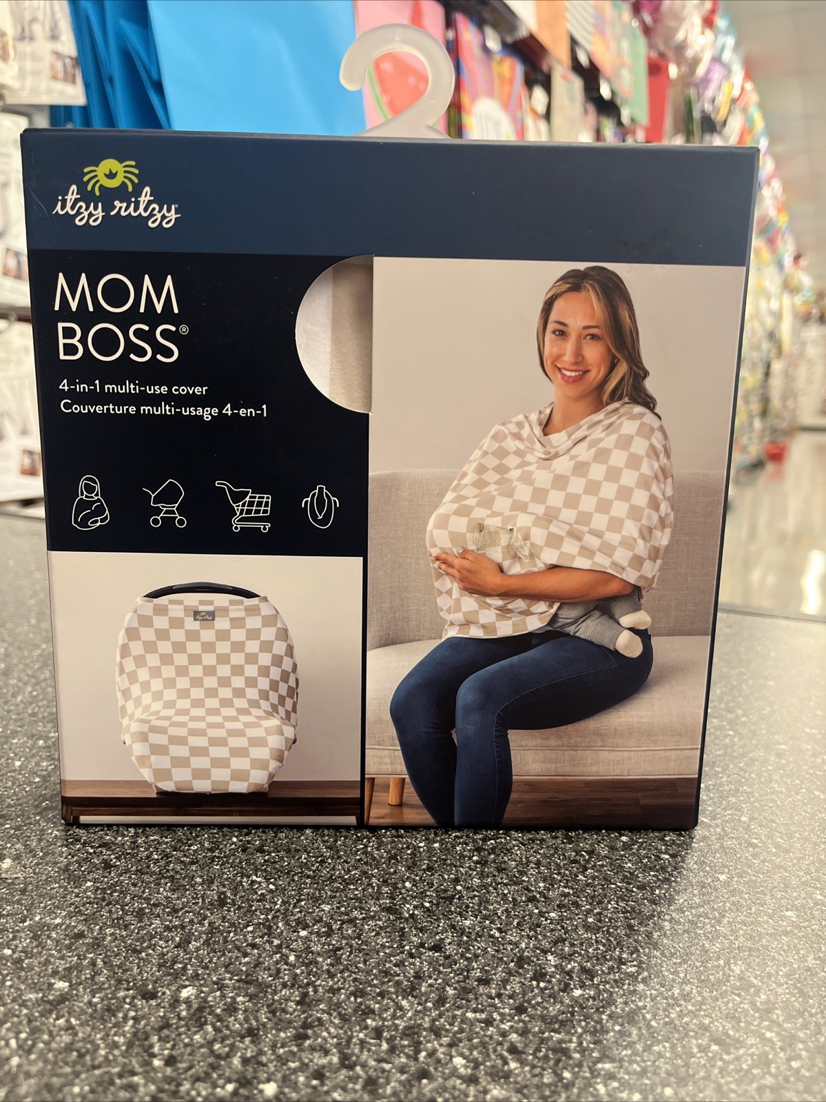 Itzy Ritzy Mom Boss 4-in-1 Multi-Use Cover Tan White Check - Nursing Cart Car