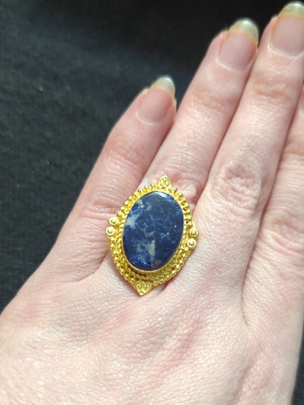 Gold Plated Blue Sodalite Gemstone Oval Statement Ring - Size 6
