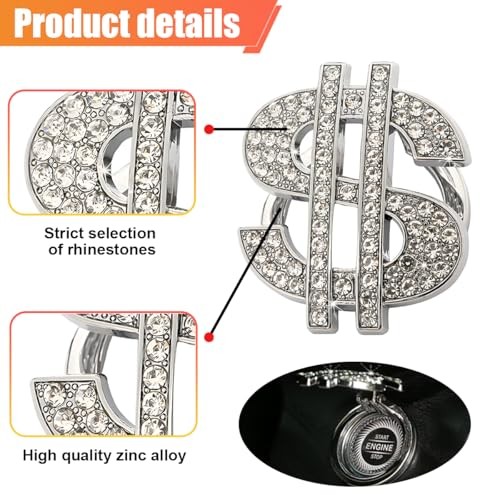 Bling Dollar Car Push Start Button Cover with Rhinestone, Anti-Scratch White