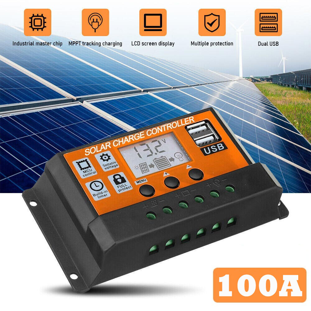 100A LCD Digital Combo Panel Display 12/24V PWM Charge Controller Fast Ship