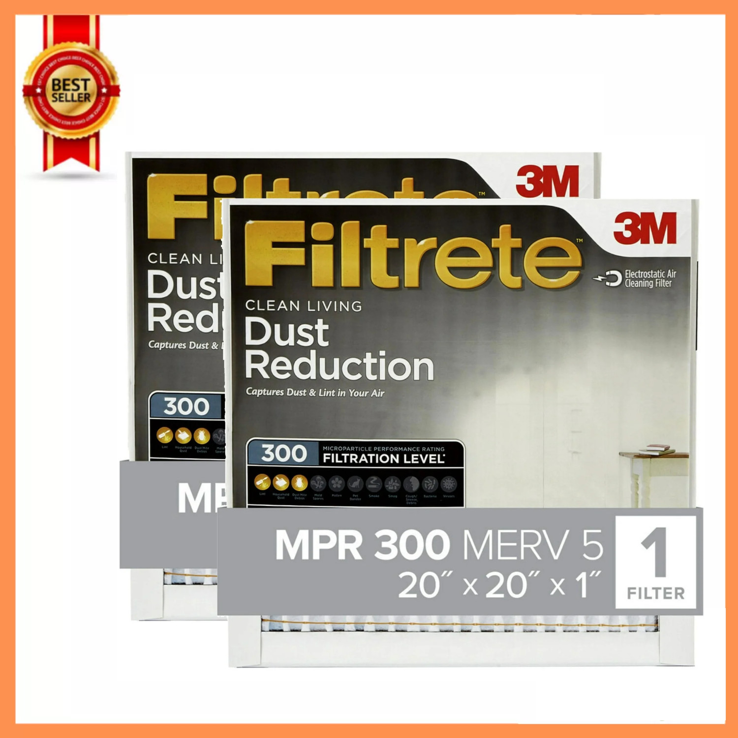 (2 Pack) Filtrete 20x20x1 Air Filter, MPR 300 MERV 5, Dust Reduction