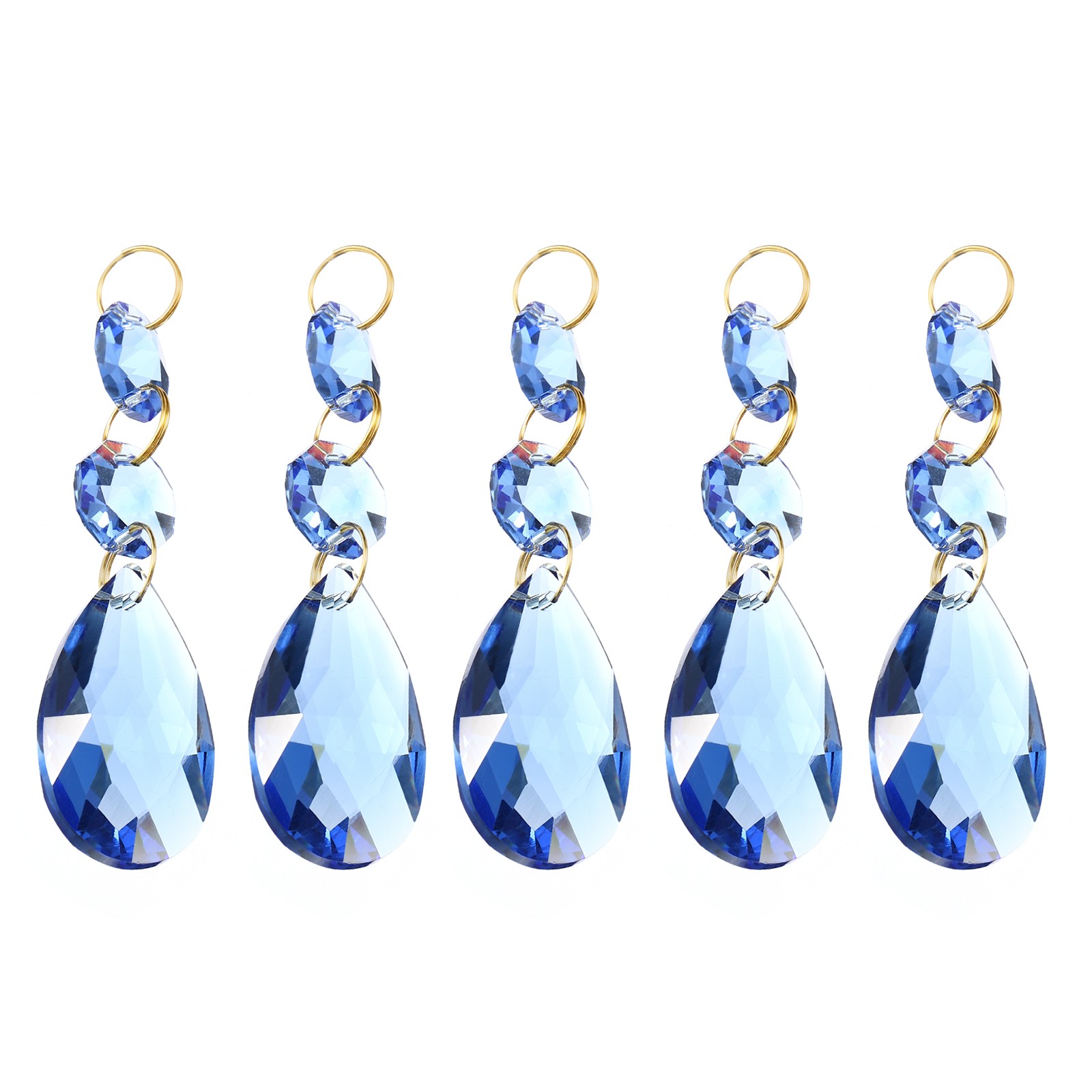 5Pcs 38mm Light Blue Crystal Teardrop w 14mm Octagonal Bead Light Blue