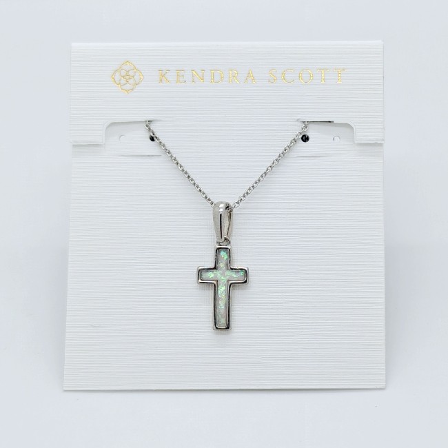 New Kendra Scott Cross Silver Pendant Necklace in White Opal
