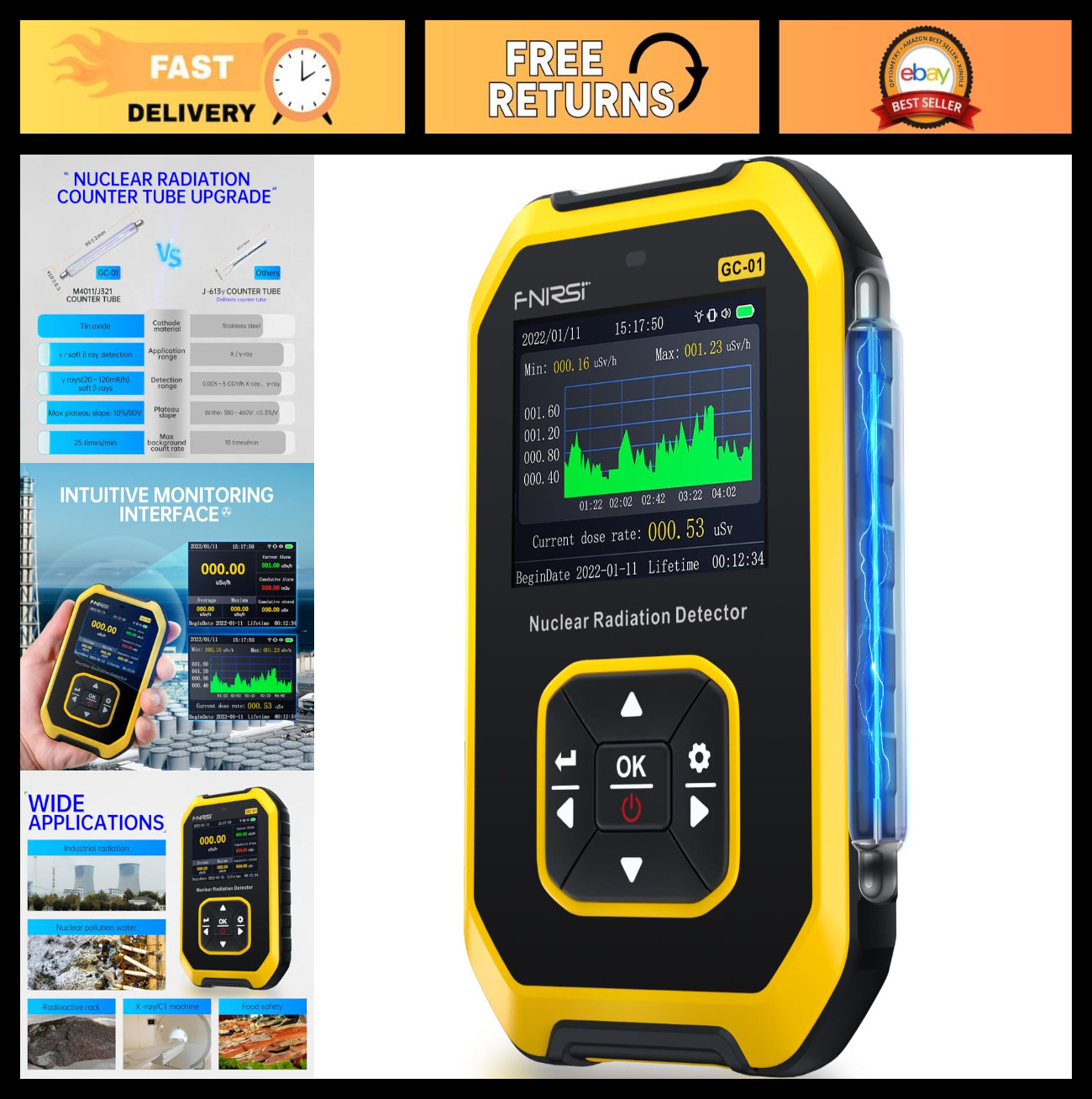 Portable Radiation Detector - LCD Geiger Counter, Beta Gamma X-ray Monitor, Rech
