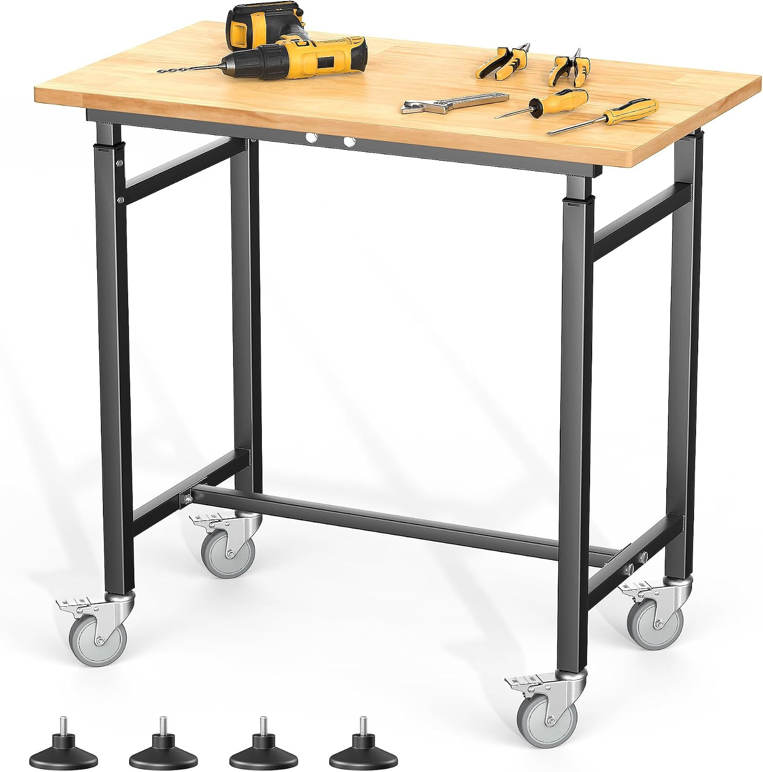 Workbench with Wheels, Adjustable Height Garage Work Table, Heavy Duty Rubber Wo