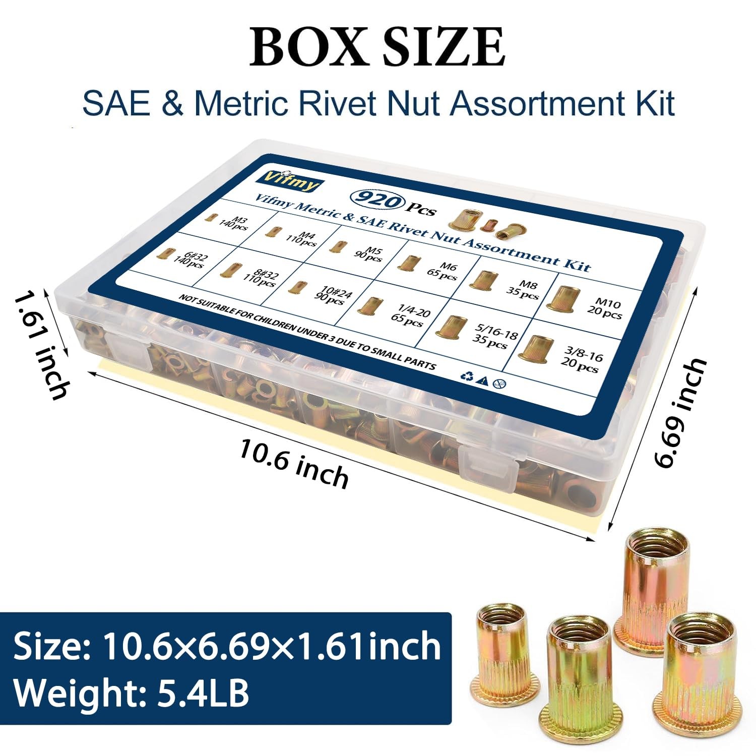 Vifmy Metric & SAE Rivet Nut & Assortment - 920 Pcs, Yellow