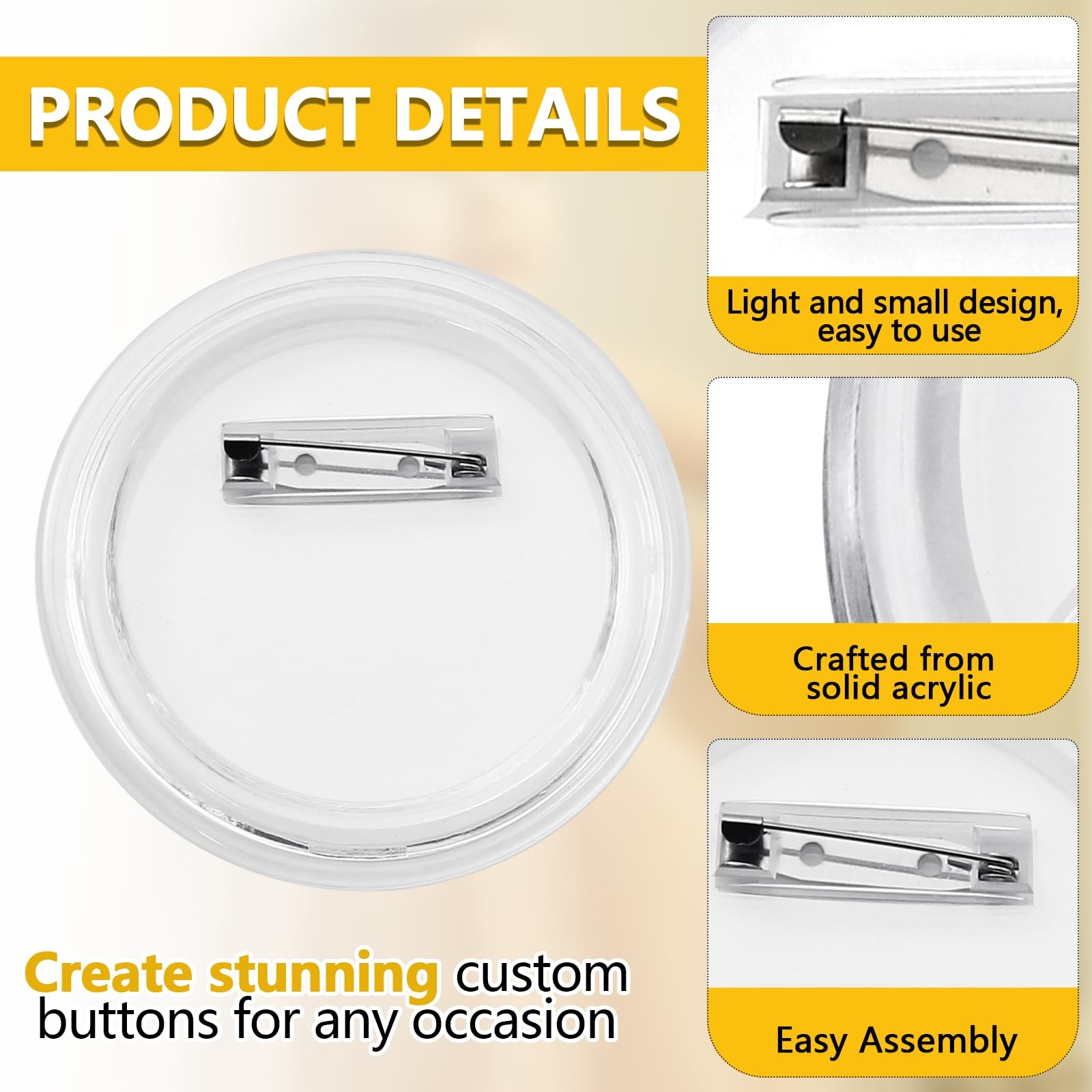SOVNSG 12 Pack 3 inches DIY Clear Button Pins,Acrylic 12 Pcs,