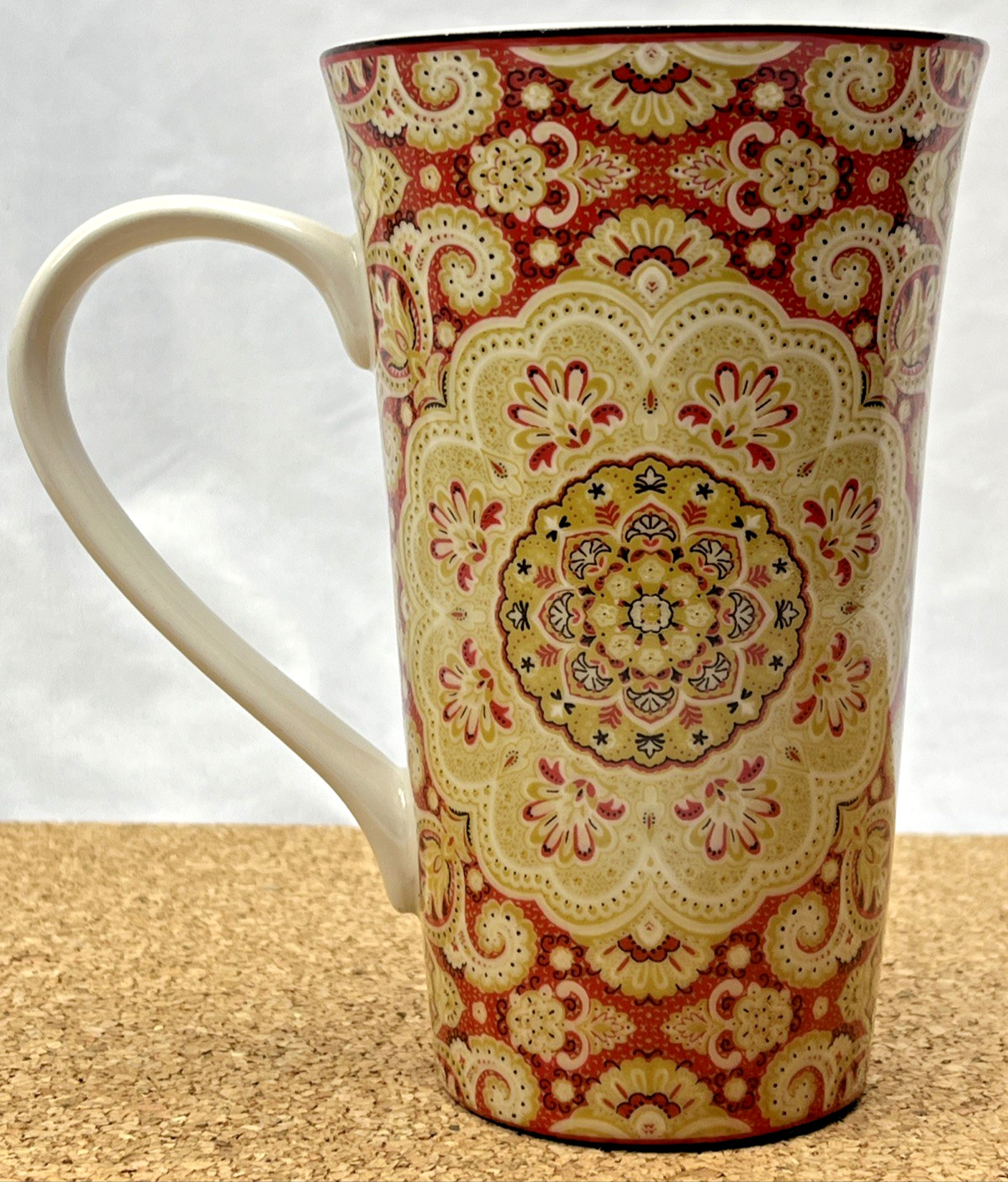 222 Fifth Lyria Saffron Mug Fine China Red Yellow Floral Boho Pattern Tall Cup