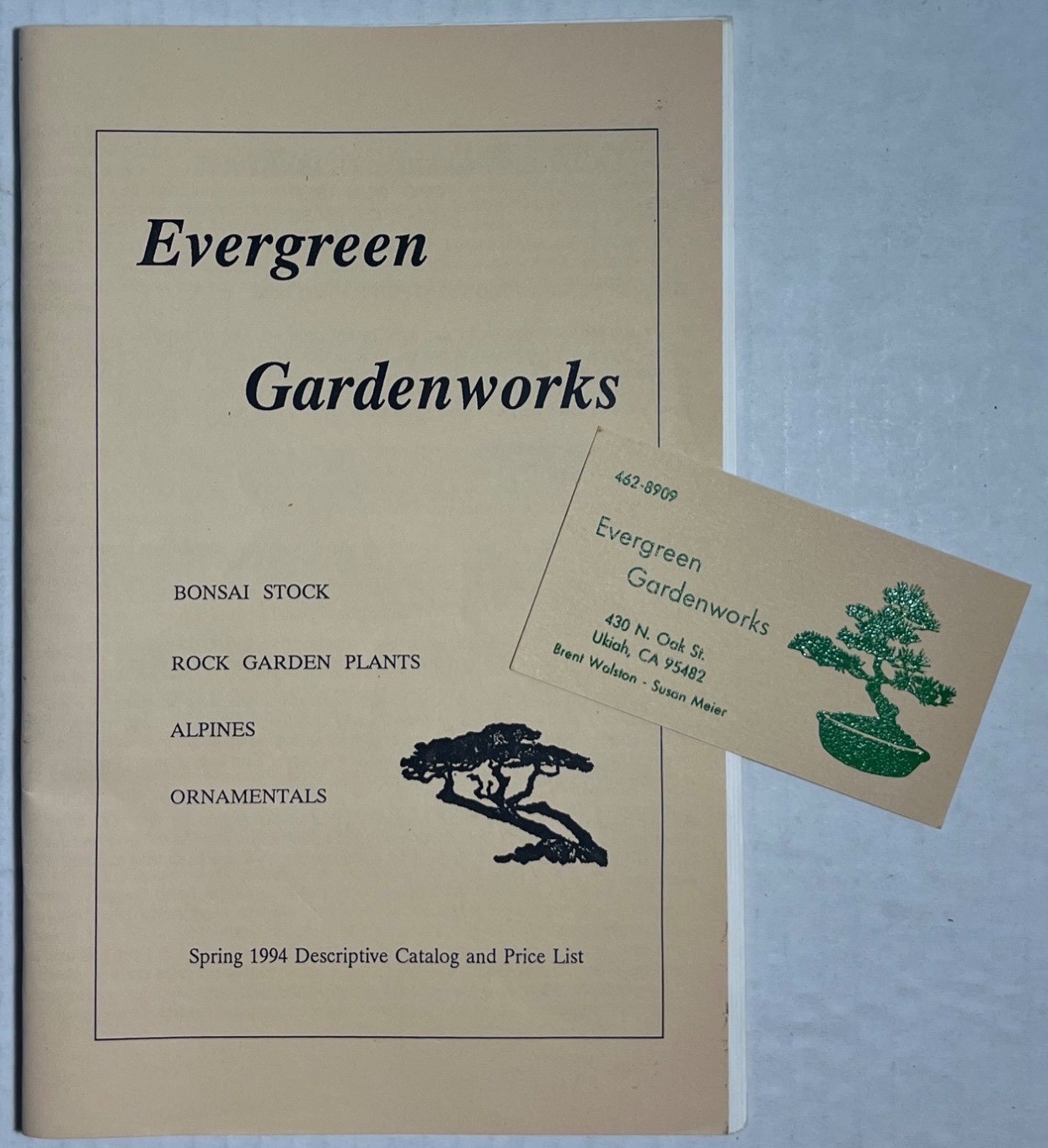 Evergreen Gardenworks Bonsai Catalog & Price List + Business Card Ukiah CA 1994