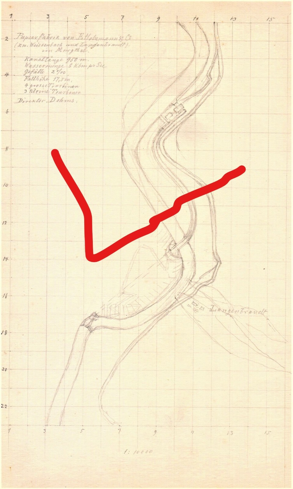 Paper Mill E. Holtzmann & Cie. in Weisenbach - sketch pencil drawing 1886
