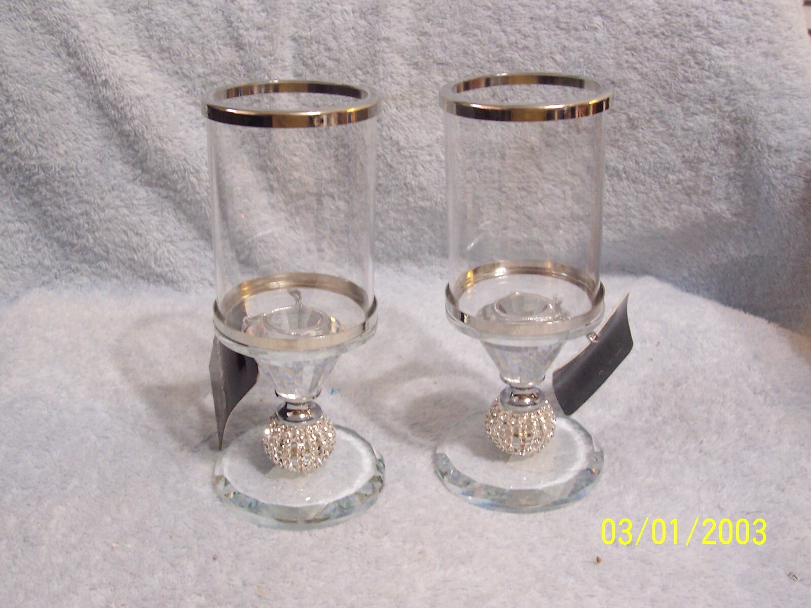 Set Of 2 Crystal ? Glass? Candle Holders With Faux Crystals On Stem 7" Tall New