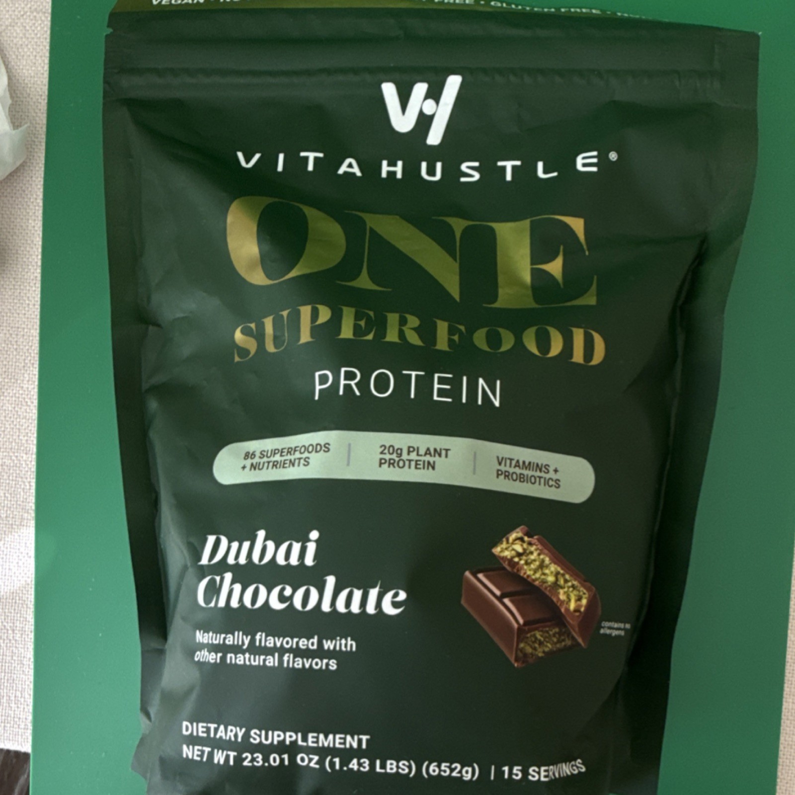 Vitahustle Superfood Protein Powder Dubai Chocolate 23.01 oz Vegan Dairy-Free