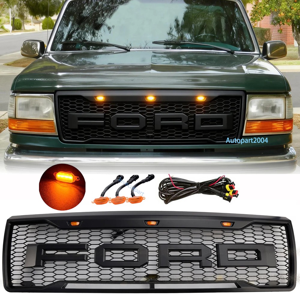 Grille For Ford F150 Bronco Grill 1992 93 94 95 1996 Grille w/LED+Letter Black