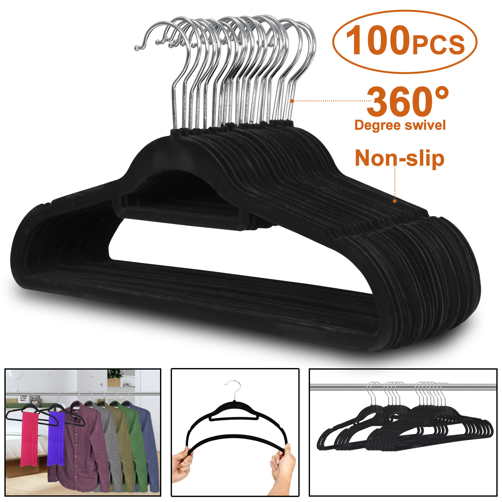 100PCS Velvet Hangers Premium Non-Slip Flocked Clothes Hangers 360° Swivel Hook
