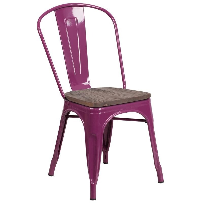 Bistro Style Metal Chair in Purple with Wood Seat